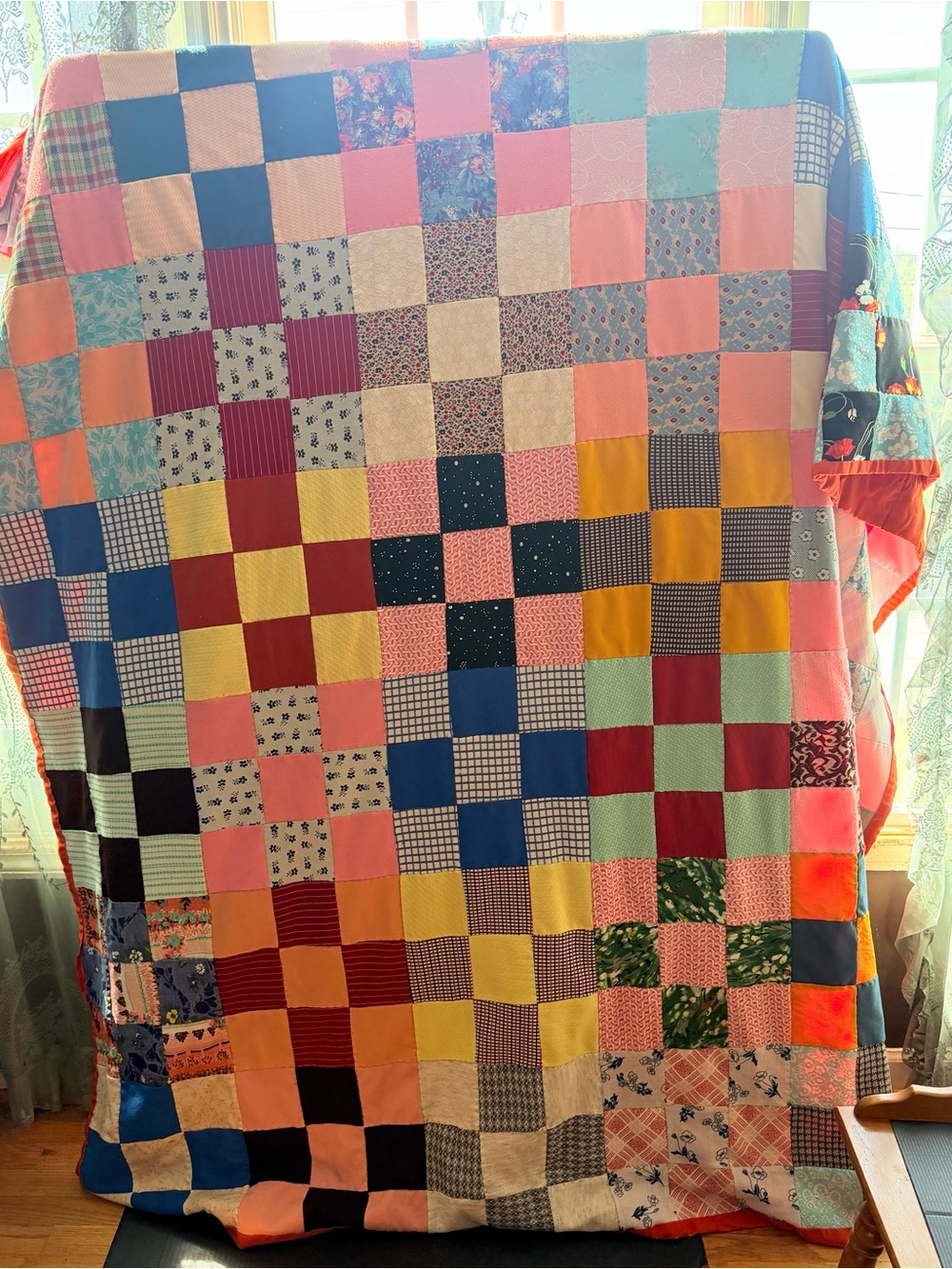Handmade Multicolor Patchwork Quilt - Pink Accents Nine-Patch block pattern,